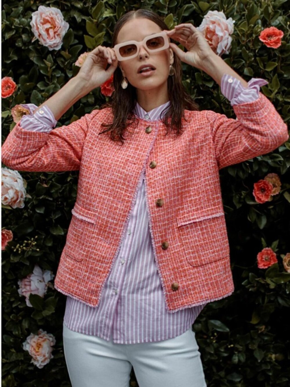J.Jill Dahlia Tweed Jacket Blazer Pink Orange LP Cotton Blend Summer Preppy $149